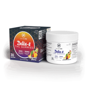 Cannabis Life 25mg Delta 8 Gummies assorted flavors jar and box